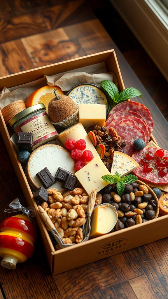 A gourmet snack box filled with cheeses, cured meats, nuts, chocolates, and fresh fruits on a wooden table.